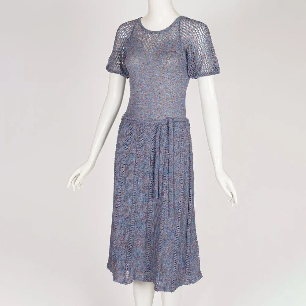 1970s Vintage "Ten Points" British Boutique Puff Sleeve Belted Knit Dress Sz XS - Picture 1 of 6